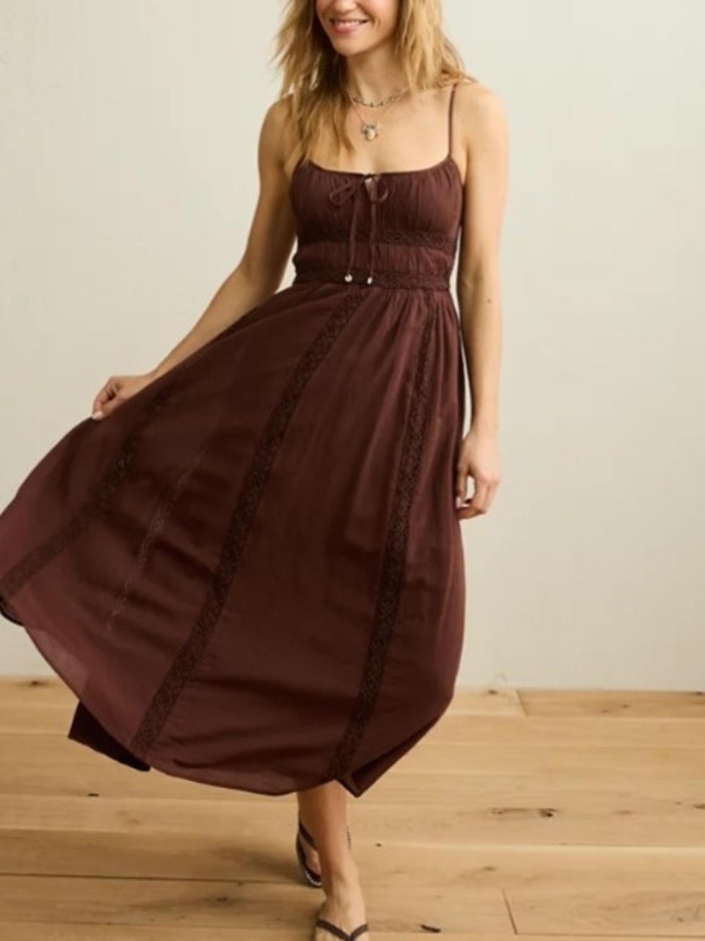 American Eagle Tie-Front Lace Midi Dress